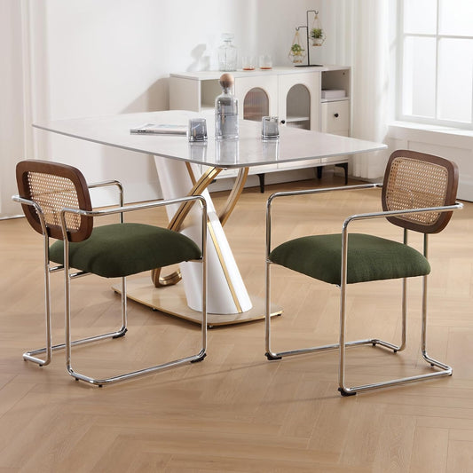 chairus Upholstered Dining Chairs Set of 2 Kitchen Accent Chairs with Rattan Backrest Modern Linen Armchair (Green) - QUORE