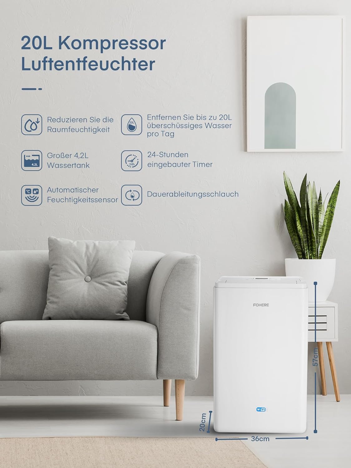 Luchtontvochtiger – Ontvochtiger – Vochtvreter – Kelderontvochtiger – Badkamerontvochtiger – 20 Liter Per Dag – Wifi-App Bediening