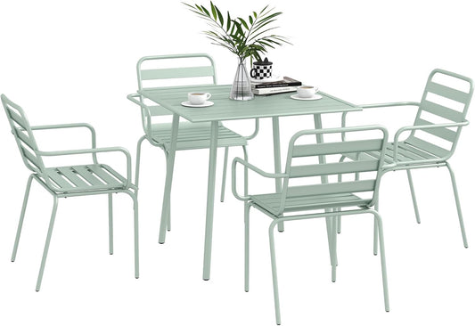 Outsunny 5 tlg. Sitzgruppe, Gartenmöbel-Set Sitzgarnitur mit 1 Esstisch, 4 stackbaren Stühlen, Gartengarnitur, für Balcony, Terrasse, Stahl, Grün - QUORE