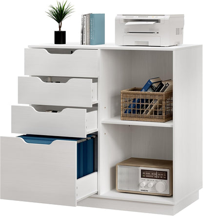 EasyPAG Houten zijarchiefkast met 4 laden, A4-formaat formaat hangmap, archiefkast, printerstandaard met open opbergplank voor kantoor en thuis, wit
