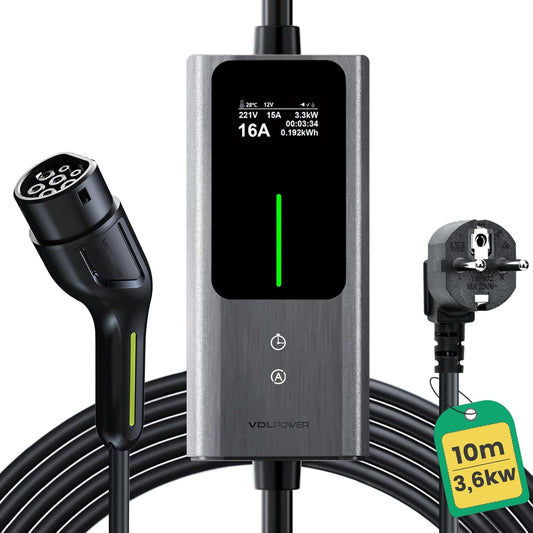 Type 2 oplaadkabel Schuko 3,68 kW | 6-16 A | 10 m, 1-fase EV oplader type 2 Schuko met bestuurbaar digitaal display, E auto-oplaadkabel Schuko IP65 voor elektrische auto's IEC 62196-2 PHEV