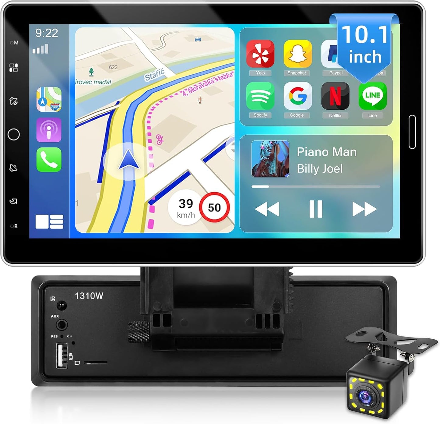 NHOPEEW 1 DIN autoradio met draadloze Carplay en Android auto - 10,1 inch autoradio ondersteuning online video FM/AM stuurbediening + 12 LED achteruitrijcamera