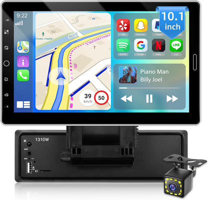 NHOPEEW 1 DIN autoradio met draadloze Carplay en Android auto - 10,1 inch autoradio ondersteuning online video FM/AM stuurbediening + 12 LED achteruitrijcamera