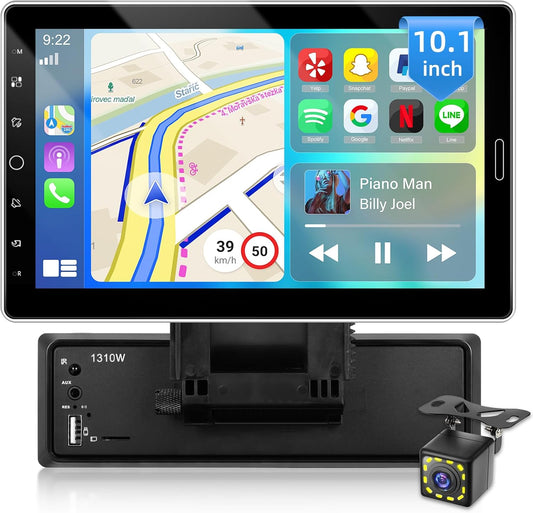 NHOPEEW 1 DIN autoradio met draadloze Carplay en Android auto - 10,1 inch autoradio ondersteuning online video FM/AM stuurbediening + 12 LED achteruitrijcamera