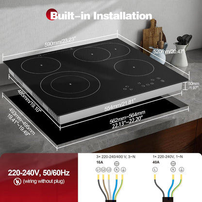 Keramische kookplaat – Inbouw kookplaat – Elektrische kookplaat – Glazen kookplaat – Keramisch fornuis – 4 kookzones – 6600 W – Dubbele uittrekbare zone – Touchbediening – Timer 1-99 min