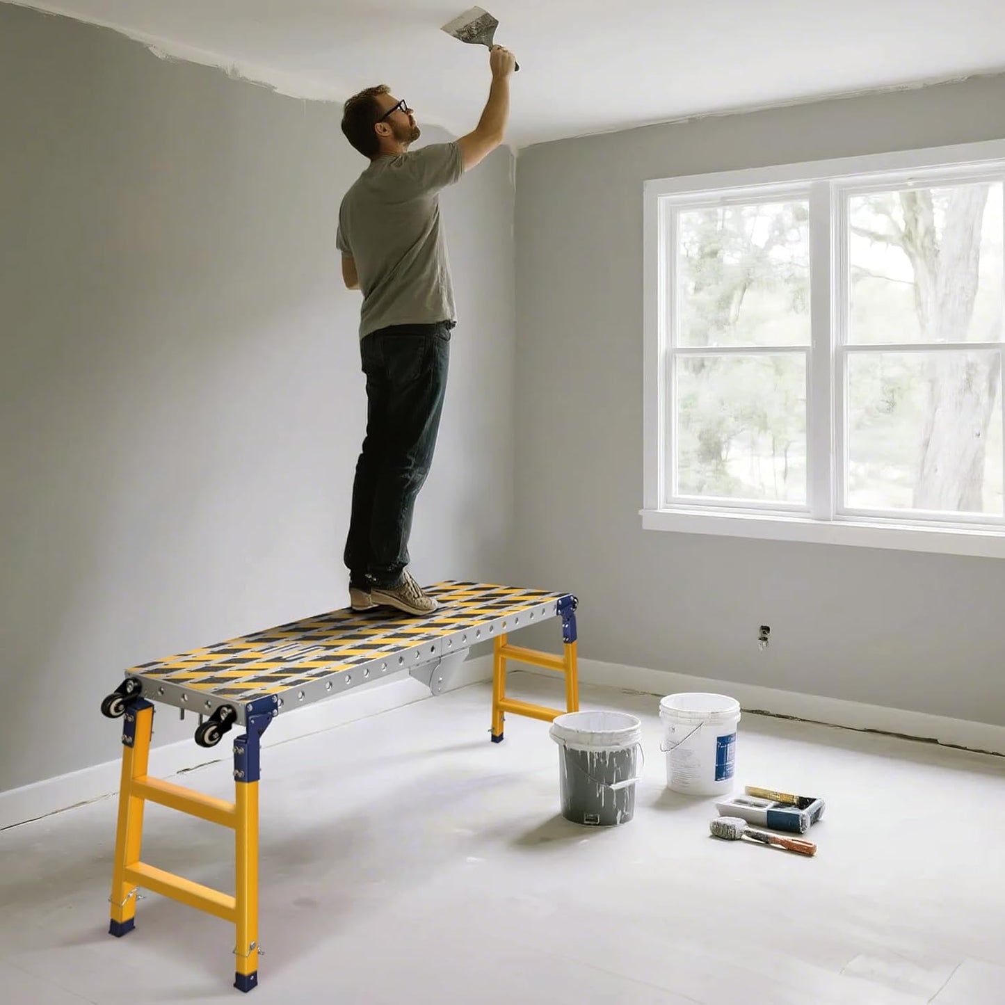 Stabiel 2-in-1 werkplatform + beweegbare lastafel met antislip plakstrips, 140 x 36 cm, verzinkte steiger met verstelbare hoogte, belastbaar tot 500 kg