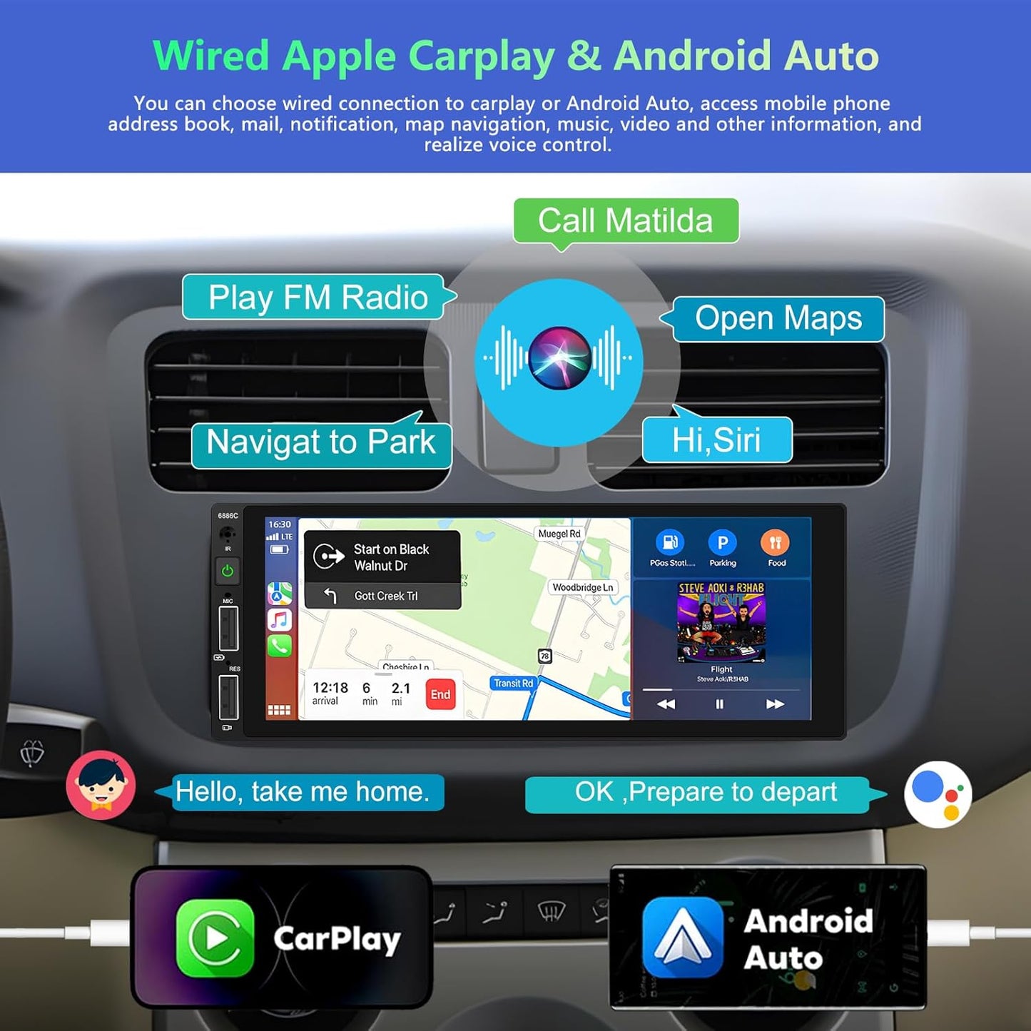 Podofo 1 Din car radio for Apple Carplay Wired Bluetooth Android Auto, 6.86 inch with display Car radio with screen Supports FM mirror jack, rear view camera and microphone - QUORE