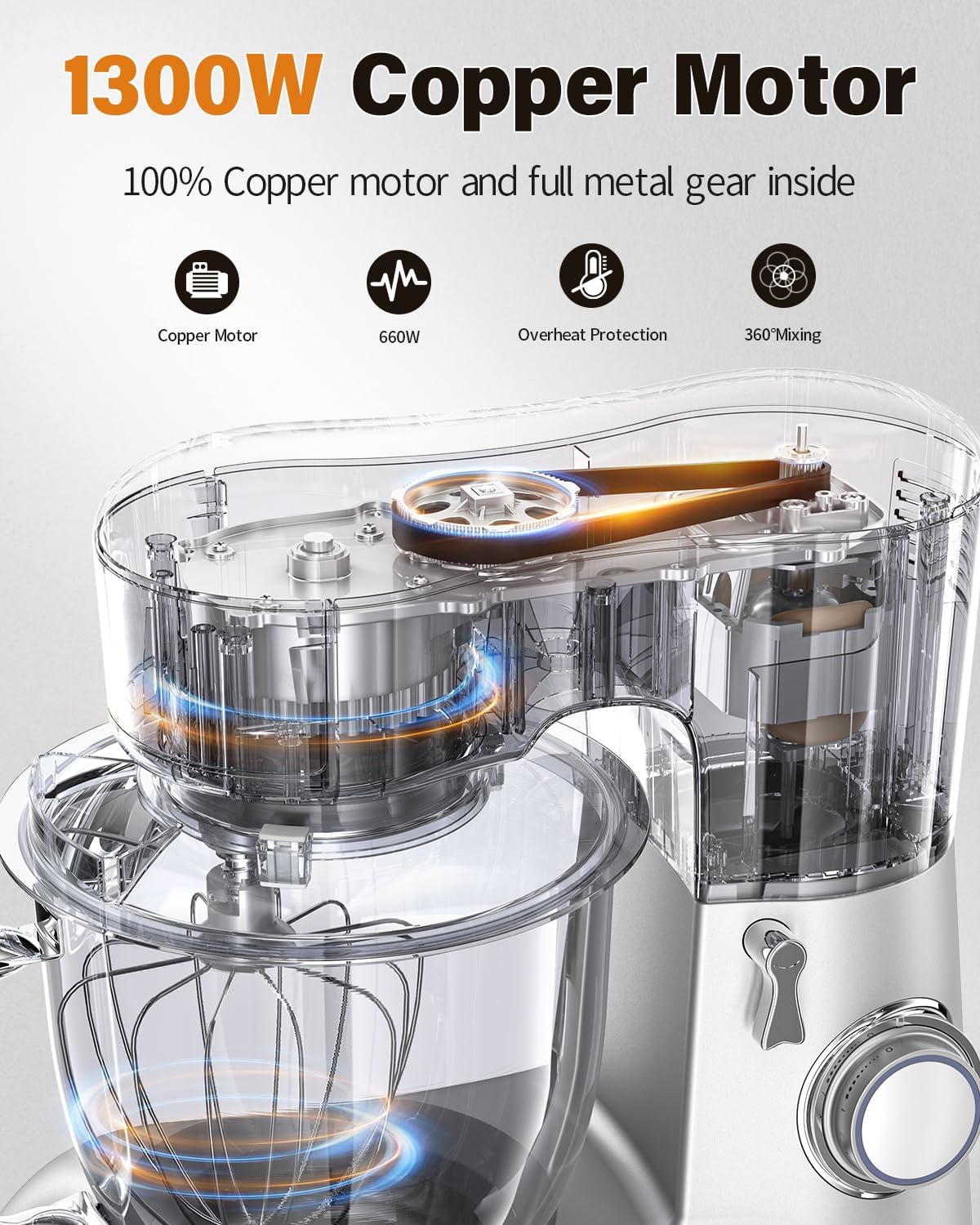 Facelle Keukenmachine, roerapparaten & mixer, 6,5 l roestvrijstalen mengkommen kneedmachine, 10 snelheden + pulsfunctie deegmachine, deegkneedmachine incl. 3-delige patisserieset