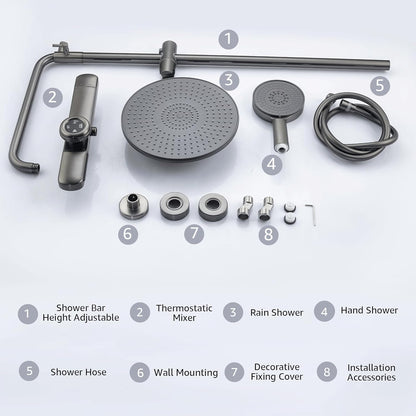 Douche Set – Douchesysteem – Douchecombinatie – Douchekraan – Douchekop – Antraciet – Thermostatische Kraan – Regendouche 25 cm