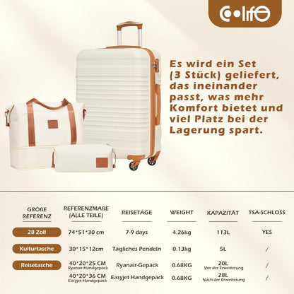 COOLIFE 6-delige hardcase-kofferset, koffer met uitbreidbare reistas, fitnessstudio en toilettas, koffer met 4 360° draaibare wielen en TSA, Wit Bruin, 28", modern