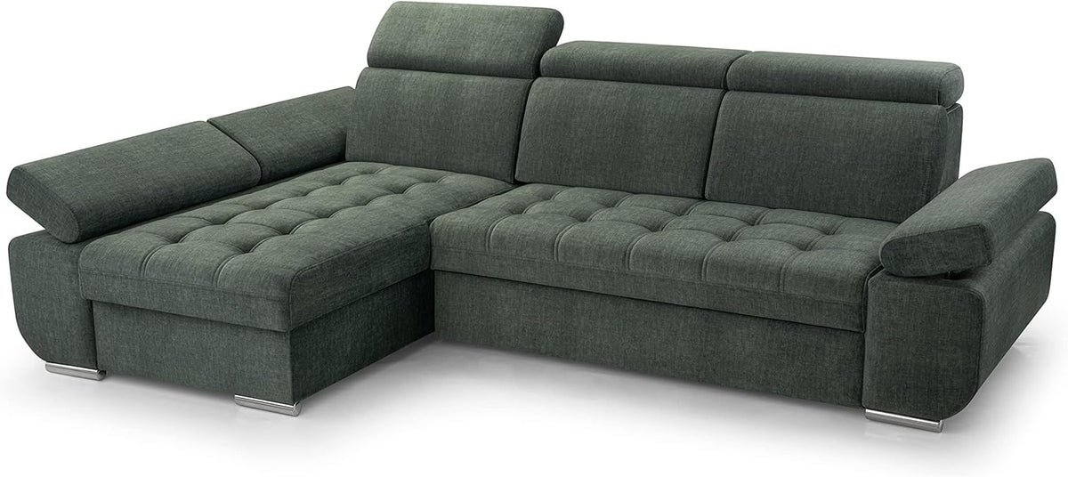 Corner Sofa with Sleeping Function and Practical Bed Drawer - Comfortable Sofa Bed L Shape 264x165cm with Movable Headrests, Folding Sofa Bianco Dark Green, Sofa Right - QUORE