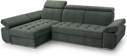 Corner Sofa with Sleeping Function and Practical Bed Drawer - Comfortable Sofa Bed L Shape 264x165cm with Movable Headrests, Folding Sofa Bianco Dark Green, Sofa Right - QUORE