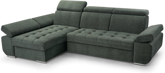 Corner Sofa with Sleeping Function and Practical Bed Drawer - Comfortable Sofa Bed L Shape 264x165cm with Movable Headrests, Folding Sofa Bianco Dark Green, Sofa Right - QUORE