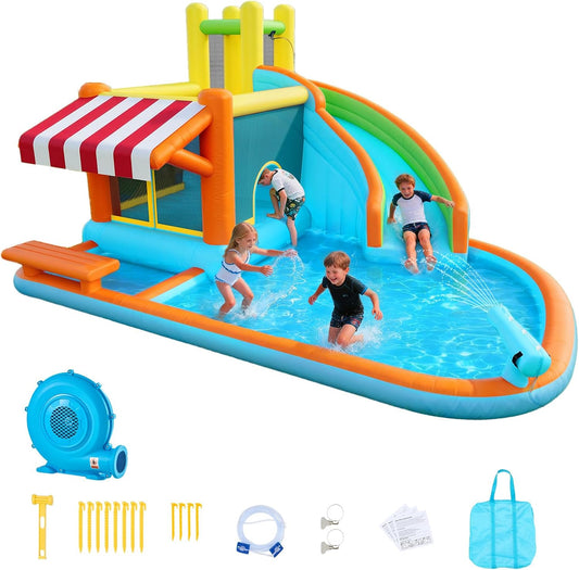 VEVOR Springhuis voor kinderen, opblaasbaar springhuis met luchtblazer, waterglijbaan, uitsmijterkasteel met kasteelspringers, hoge glijbaan, spatzwembad en pretend-marktstand, voor 3 tot 4 kinderen