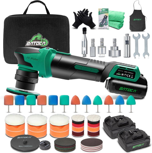 BATOCA Mini Accu polijstmachine S4,Roterend en Orbitaal,Koplamp polijsten,25mm/75mm Polijstset,Borstelloze Motor,Professionele Detail Polijstmachine Kit met 2 x 2.5Ah 12V Accu's,2000-5500PRM