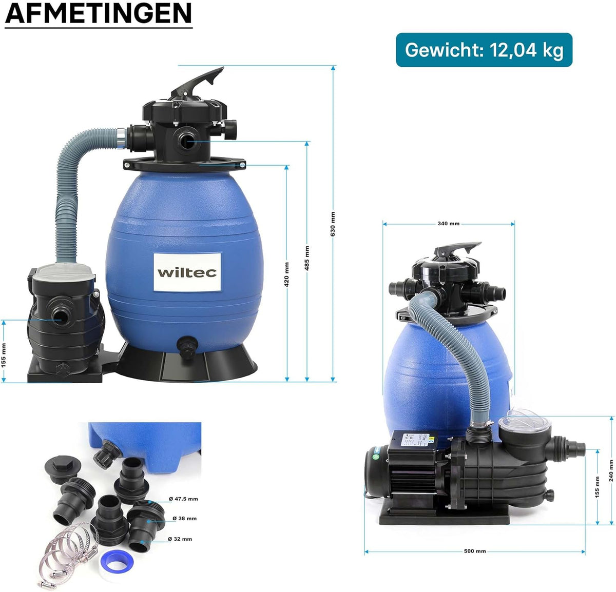 Wiltec zandfiltersysteem 370 W met 26 liter filtertank en zelfaanzuiging 13.200 l/h poolpomp