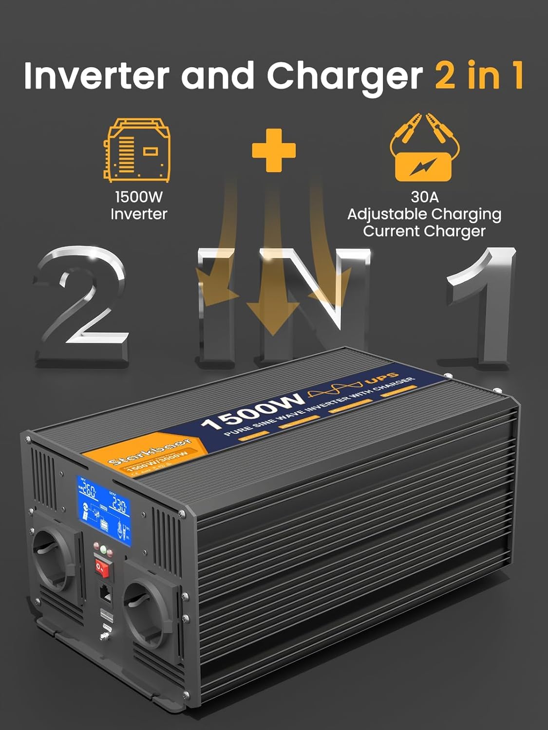 UPS 1500 W omvormer 12 V 220 V zuivere sinusomvormer transformator met 30 A lader, 2 EU-stopcontacten, 5 m afstandsbediening en LCD-scherm voor noodoproepen thuis, reizen buitenshuis