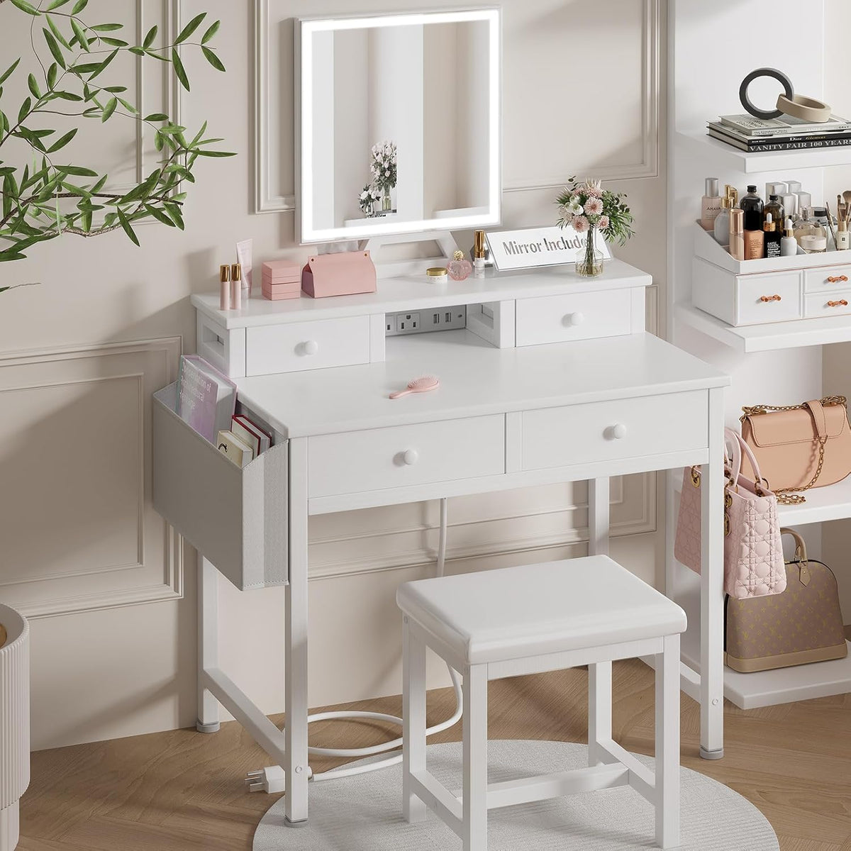 Witte make-uptafel met spiegel en verlichting, make-uptafel set voor kleine meisjes met stoel, make-upcommode met laden en stopcontact voor slaapkamer, klein