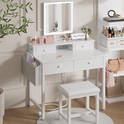 Witte make-uptafel met spiegel en verlichting, make-uptafel set voor kleine meisjes met stoel, make-upcommode met laden en stopcontact voor slaapkamer, klein