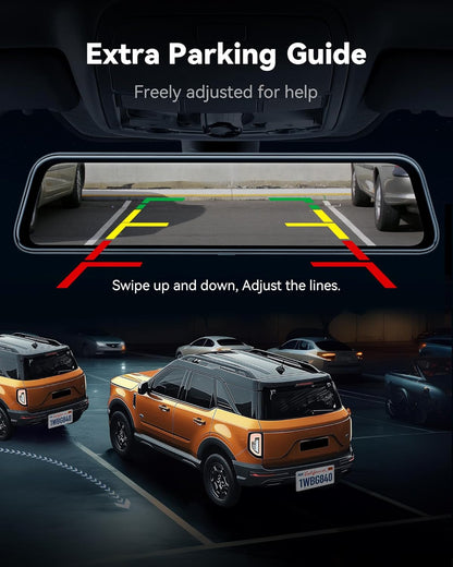 Spiegel Dashcam – Rearview Camera – Auto Camera – Dashcam Met Scherm – Achteruitkijkspiegel Camera – 12 Inch IPS Full Touch Screen – Dual 2160P Full HD Nachtzicht - QUORE