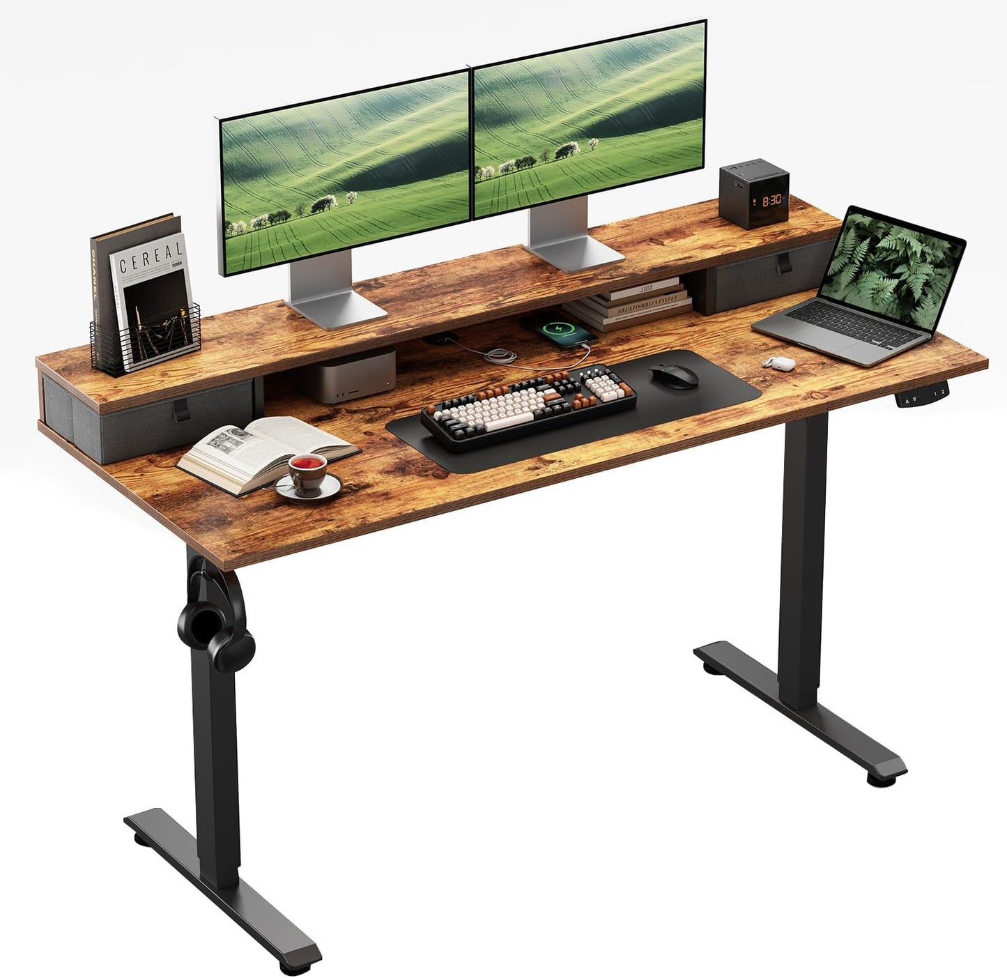 Klicelor Verstelbaar Bureau in Hoogte met Dubbele Lades, Elektrisch Verstelbaar Bureaux in Hoogte, Ergonomisch Sta bureau, 140x60, Bruin
