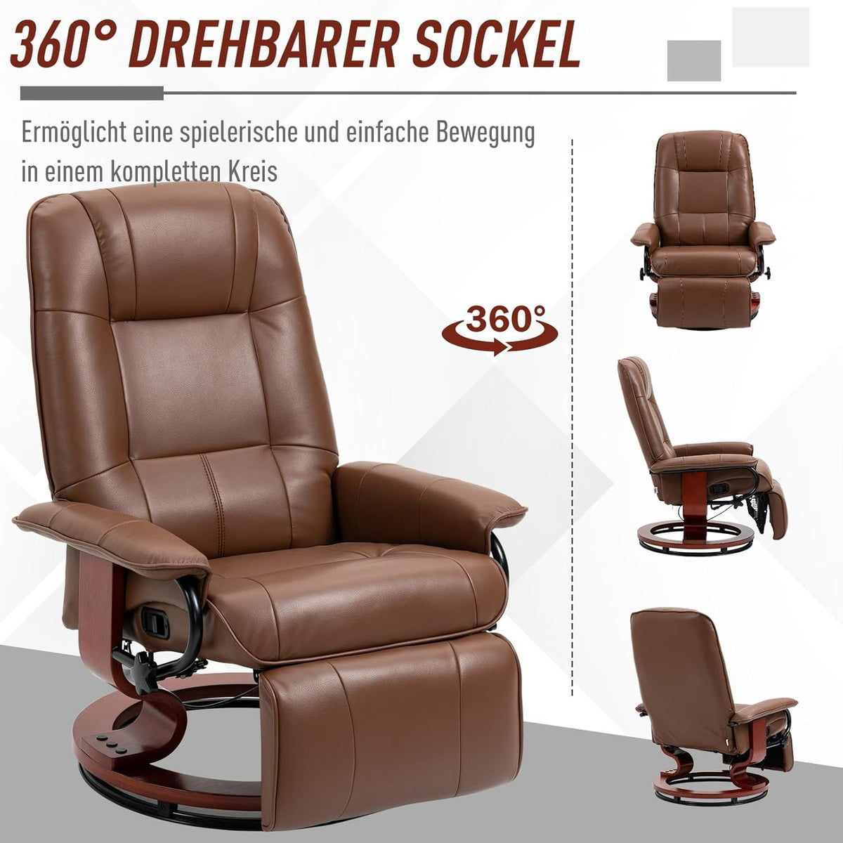 Relaxstoel – Fauteuil – Ligstoel – Draaifauteuil – Loungestoel – Verstelbare Rugleuning tot 145° – Handmatige Voetensteun – Kunstleer – Houten Onderstel