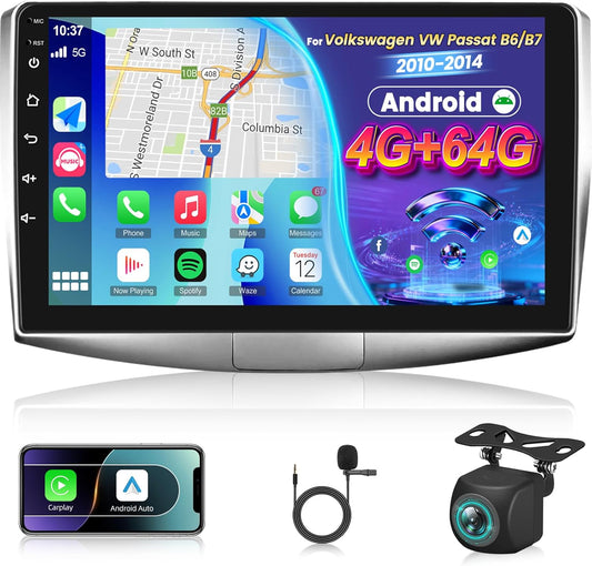 [4G+64G] Android Car Radio for Volkswagen VW Passat B6/B7 2010-2014 with Wireless Carplay & Android Auto, 10.1 inch IPS Touch Screen Car Stereo with GPS, WiFi, 32EQ, Bluetooth 5.0, FM/RDS Radio