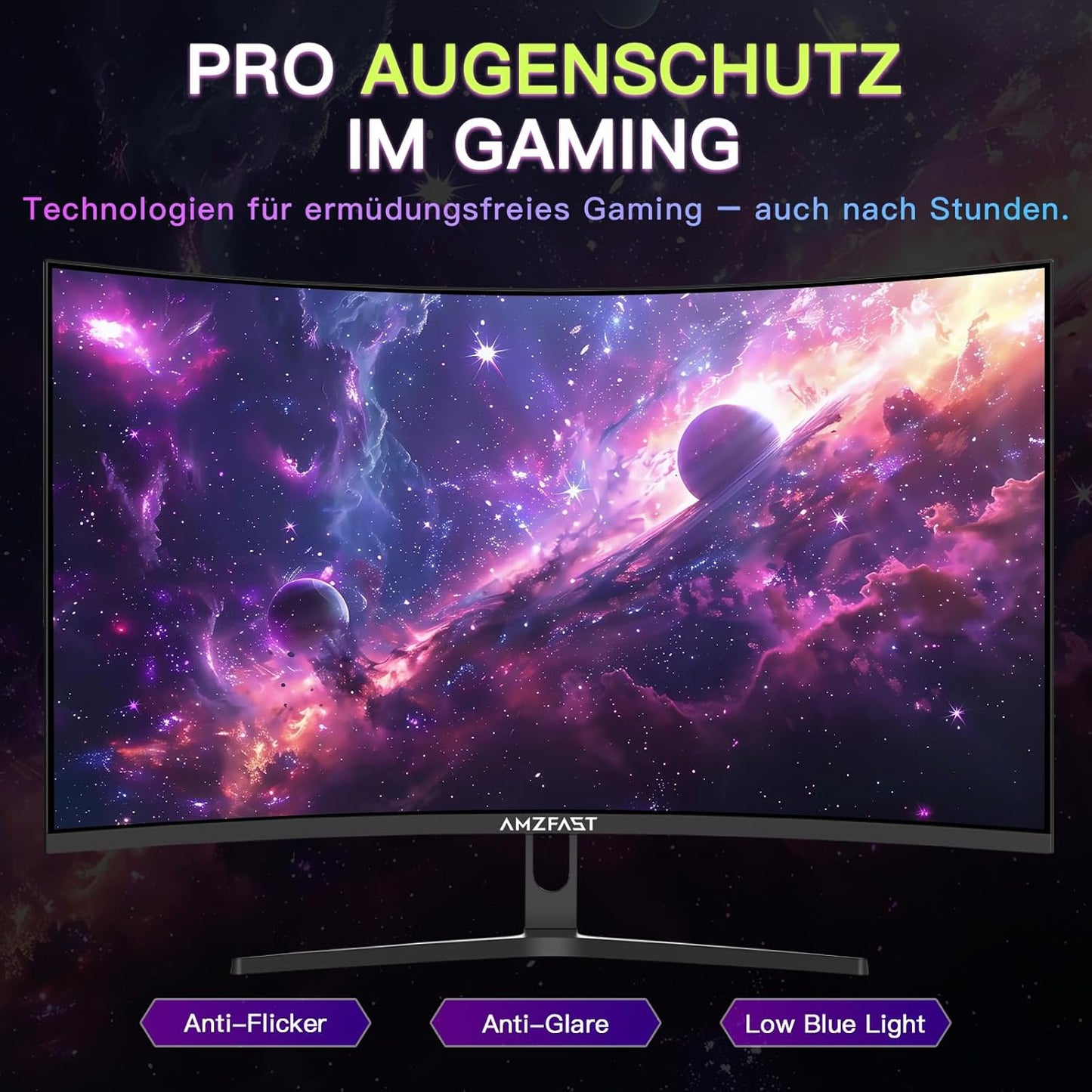 Amzfast Gaming Monitor Curvo 27'' 180 Hz, 1 ms MPRT, AMD FreeSync Premium, HDR10, DCI-P3 90%, Anti-Flicker/Glare, Low Blue Light, 1500R, VESA-bevestiging, HDMI/DP, met HDMI-kabel, AMZG27C1