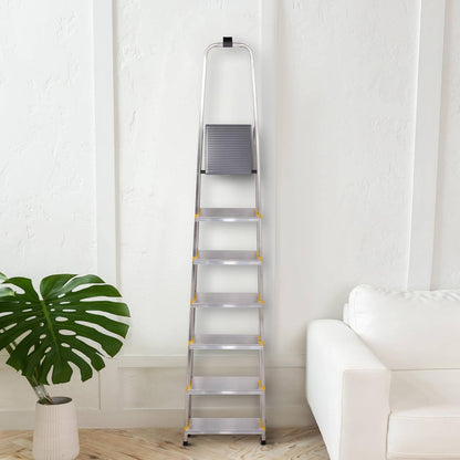 Trapladder Dura 7 treden van aluminium, licht en opvouwbaar, antislip voeten, hoogte van het platform 140 cm, maximale belasting 150 kg