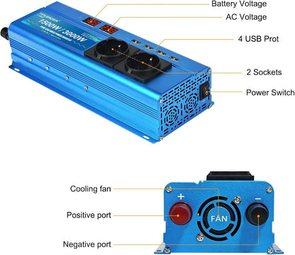 <font dir="auto" style="vertical-align: inherit;"><font dir="auto" style="vertical-align: inherit;">        Yinleader Converter, 12V, 220V, pure sine, 1500W, 3000W, pure sine LED, 2 sockets and 4 USB       </font></font>