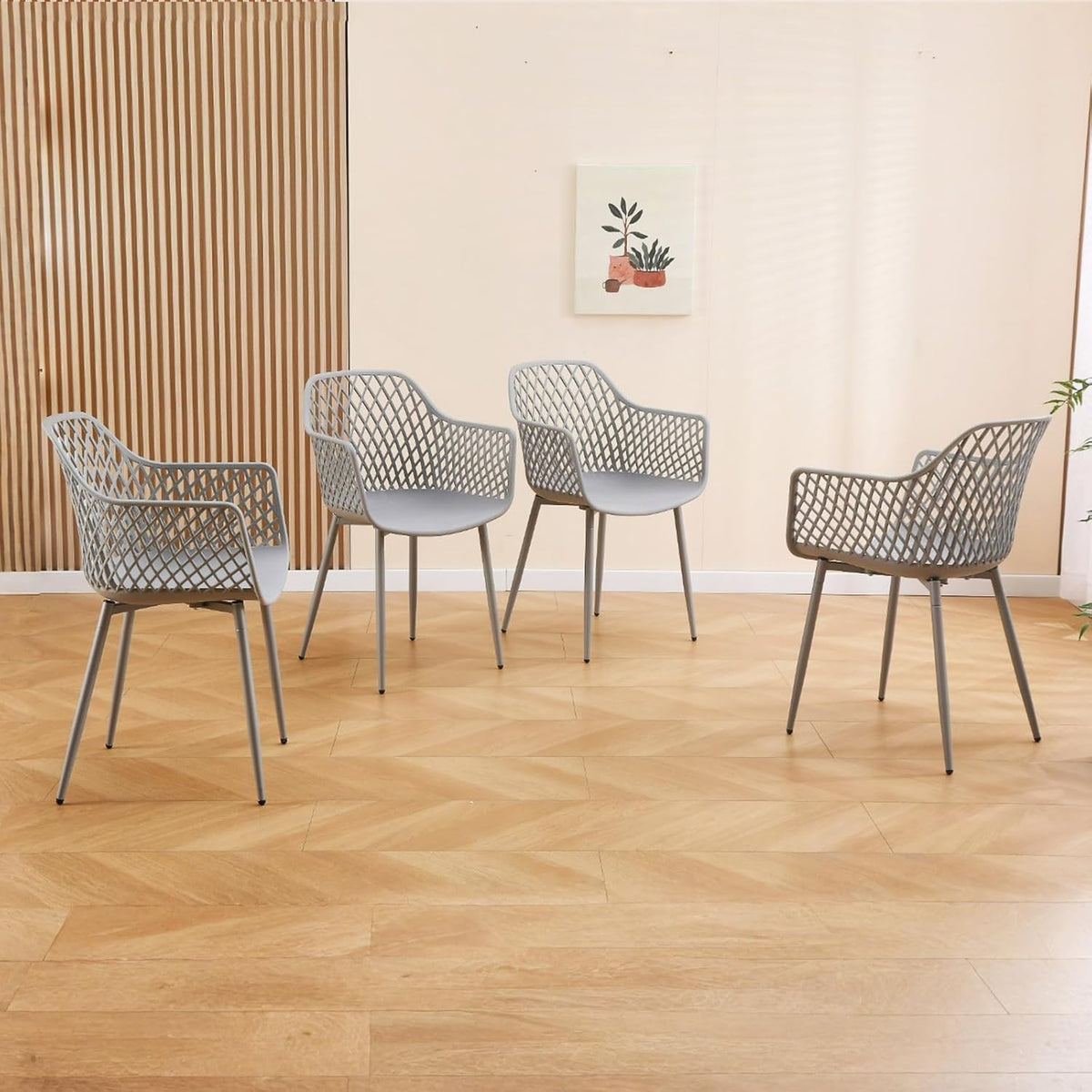 Eetkamerstoelen met armleuningen, uitgehold ruitpatroon, tuinstoelen, set van 4, grijs