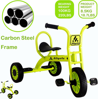 Kinderdriewieler, voorschoolse driewieler met koolstofstalen frame, 85 cm x 65 cm, rood, draagvermogen 220 lb, fluorescerend groen