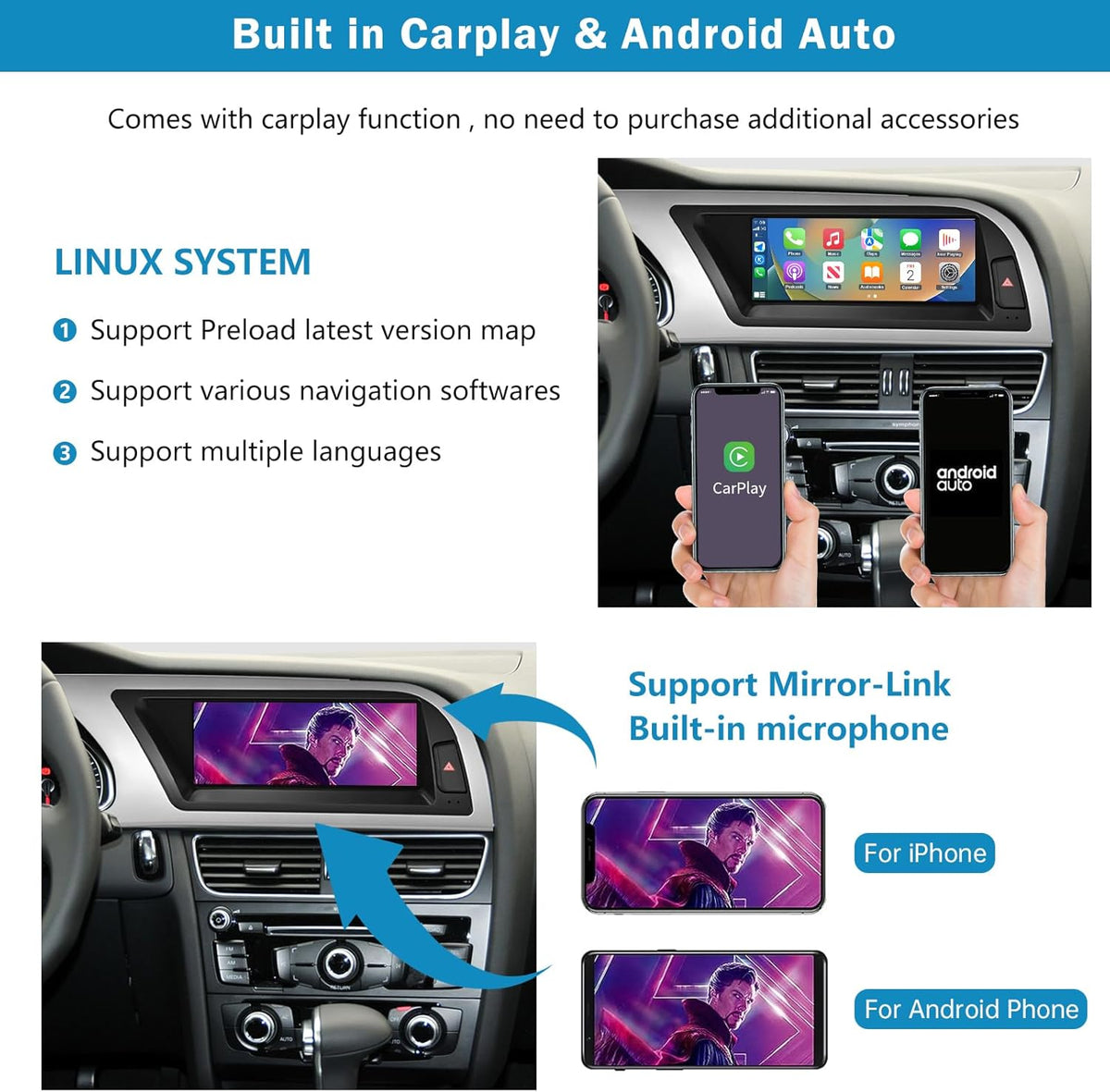 Ninetom Autoradio 8,9 inch touchscreen met draadloze Carplay en Android auto voor 2008-2016 Audi A5 S5 met 2G MMI-systeem, ondersteunt mirrorlink, camera, navigatie