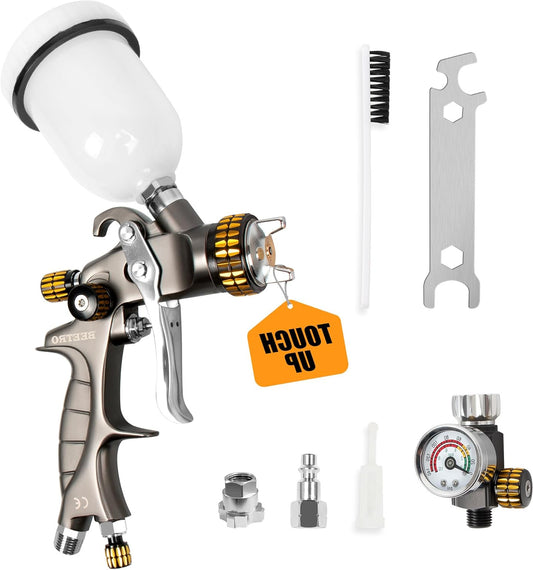 BEETRO TC0555 HVLP Touch Up Mini Air Spray Gun for Clearcoats 1mm Stainless Steel Nozzle 150ml Capacity 7.0CFM 22psi with Type 2 Adapter Air Control Valve and Filter Professional - QUORE