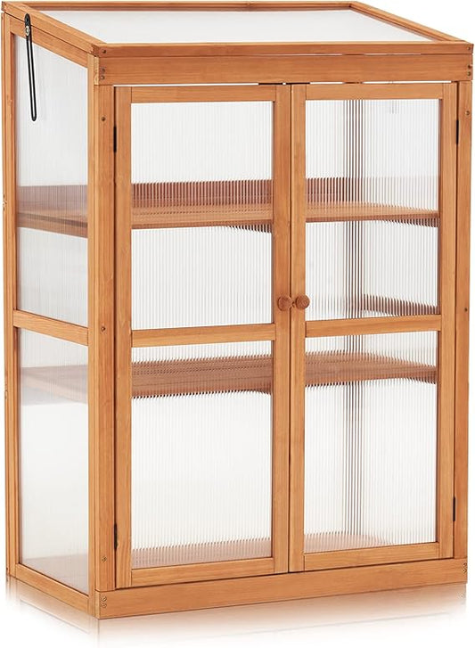 Houten Kas – Tuinkas – Plantenkas – Kweektent – Serre – Verstelbaar Dak – Duurzaam Grenenhout – Transparante Polycarbonaatpanelen – Oranje Variant