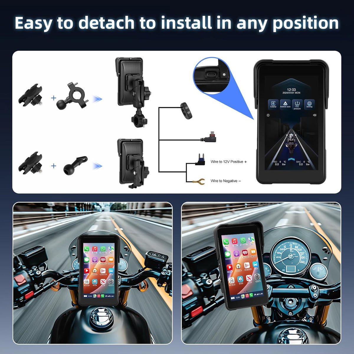 Carplay motorfiets scherm met navigatie, draagbaar 5 inch waterdicht touchscreen met draadloos CarPlay en Android auto motorfiets, bluetooth, EQ, kalibratie aanraken + SWC