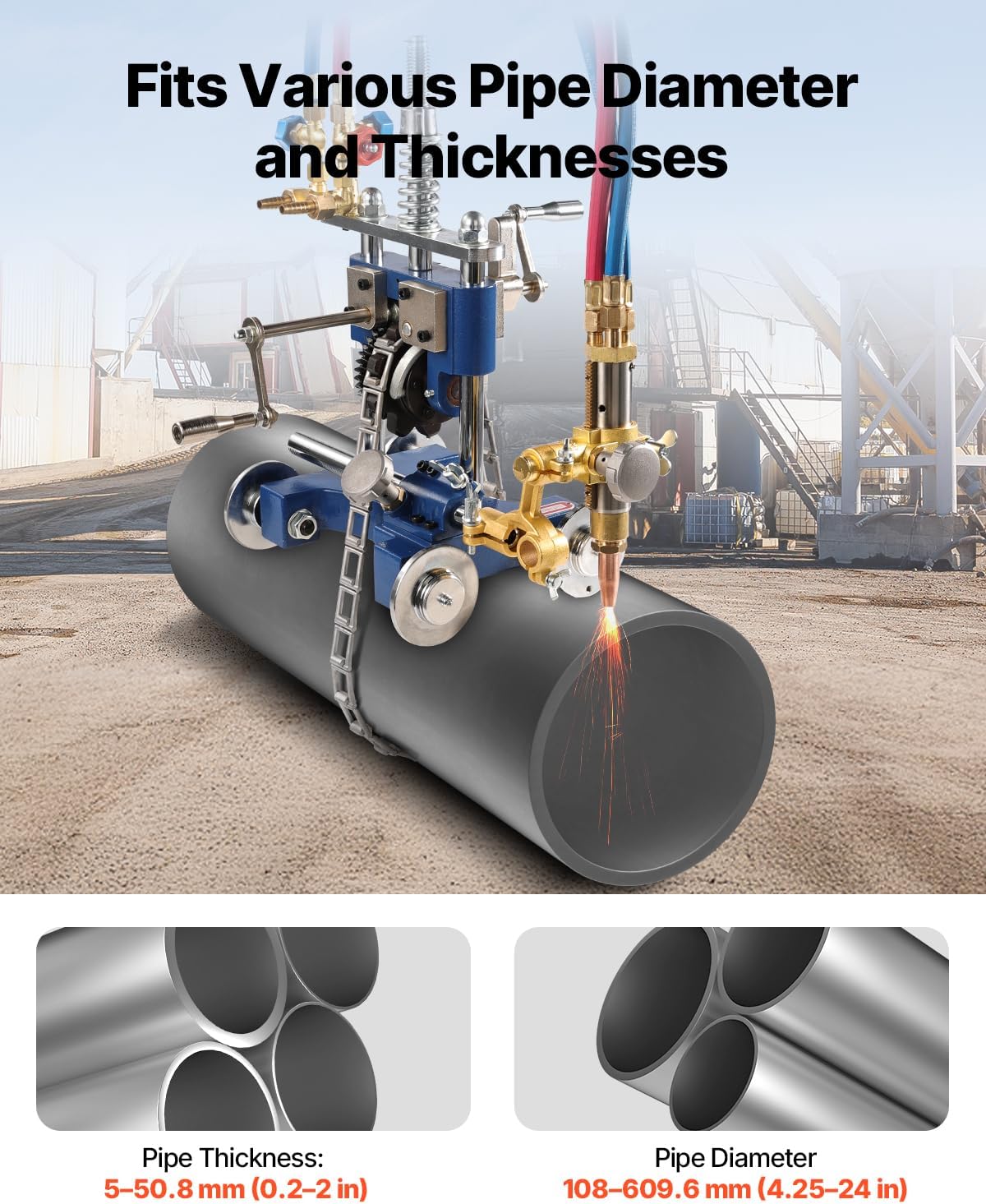 VEVOR Handmatige pijpsnijder CG2-11Y, pijpsnijder voor buizen met een dikte van 5,08-50,8 mm met ketting van 2210 mm, draagbare gassnijmachine met instelbare hoek van 0° tot 45° met 3 punten