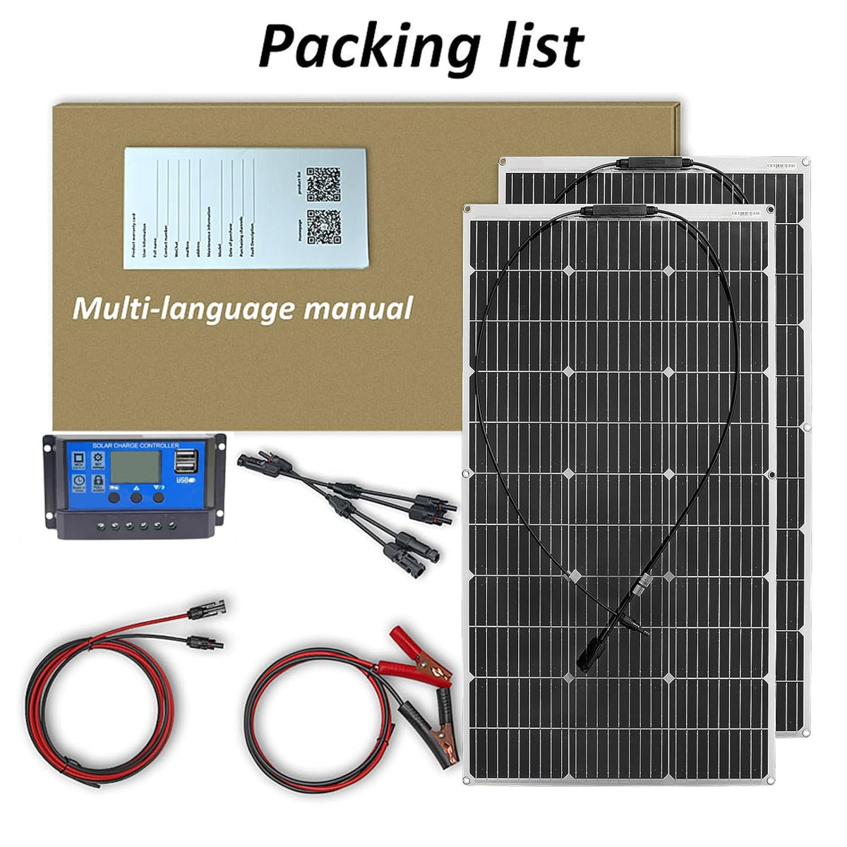 200W 12V Kit Zonnepaneel Flexibel 2x100W 12V Monokristallijn Zonnepaneel met 20A Solar Laadregelaar voor RV Marine Boot Auto Caravan Camper Dak 12V/24V batterij