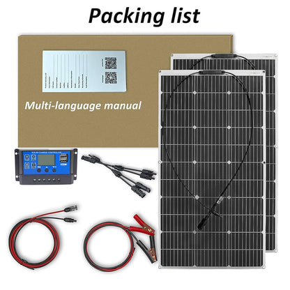 200W 12V Kit Zonnepaneel Flexibel 2x100W 12V Monokristallijn Zonnepaneel met 20A Solar Laadregelaar voor RV Marine Boot Auto Caravan Camper Dak 12V/24V batterij