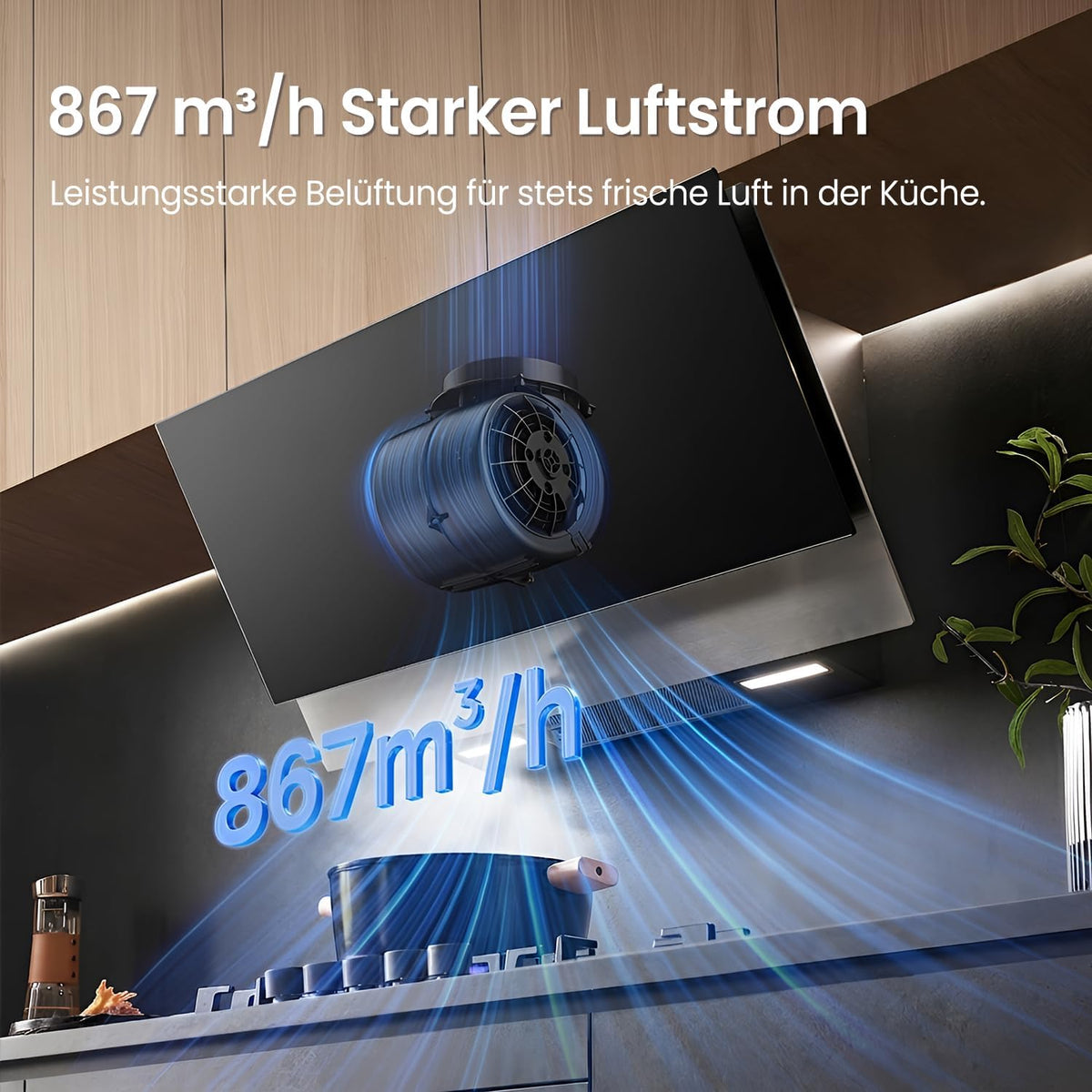 COMFEE ANGJ72B-90PRO-EU Afzuigkap A++, 90 cm, 800 m³/h luchtstroom, kopvrije wandkap met convectie en afvoerlucht, touchscreen, gebarenbediening, 4 snelheden, 68 dB, led