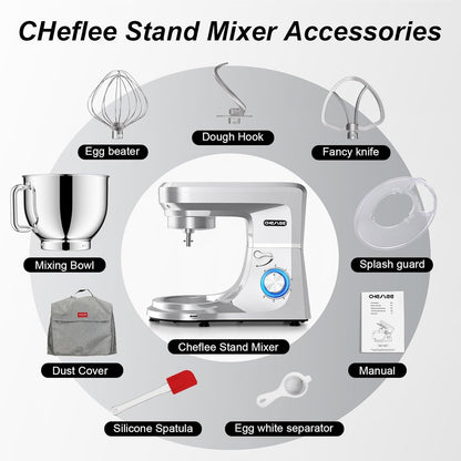 CHeflee Keukenmachine, 1800 W, krachtige kneedmachine, met kneed- en roerfunctie, 6 snelheden, geluidsarme deegkneedmachine, 7,2 liter, roestvrijstalen kom, deeghaak en garde, spatbescherming