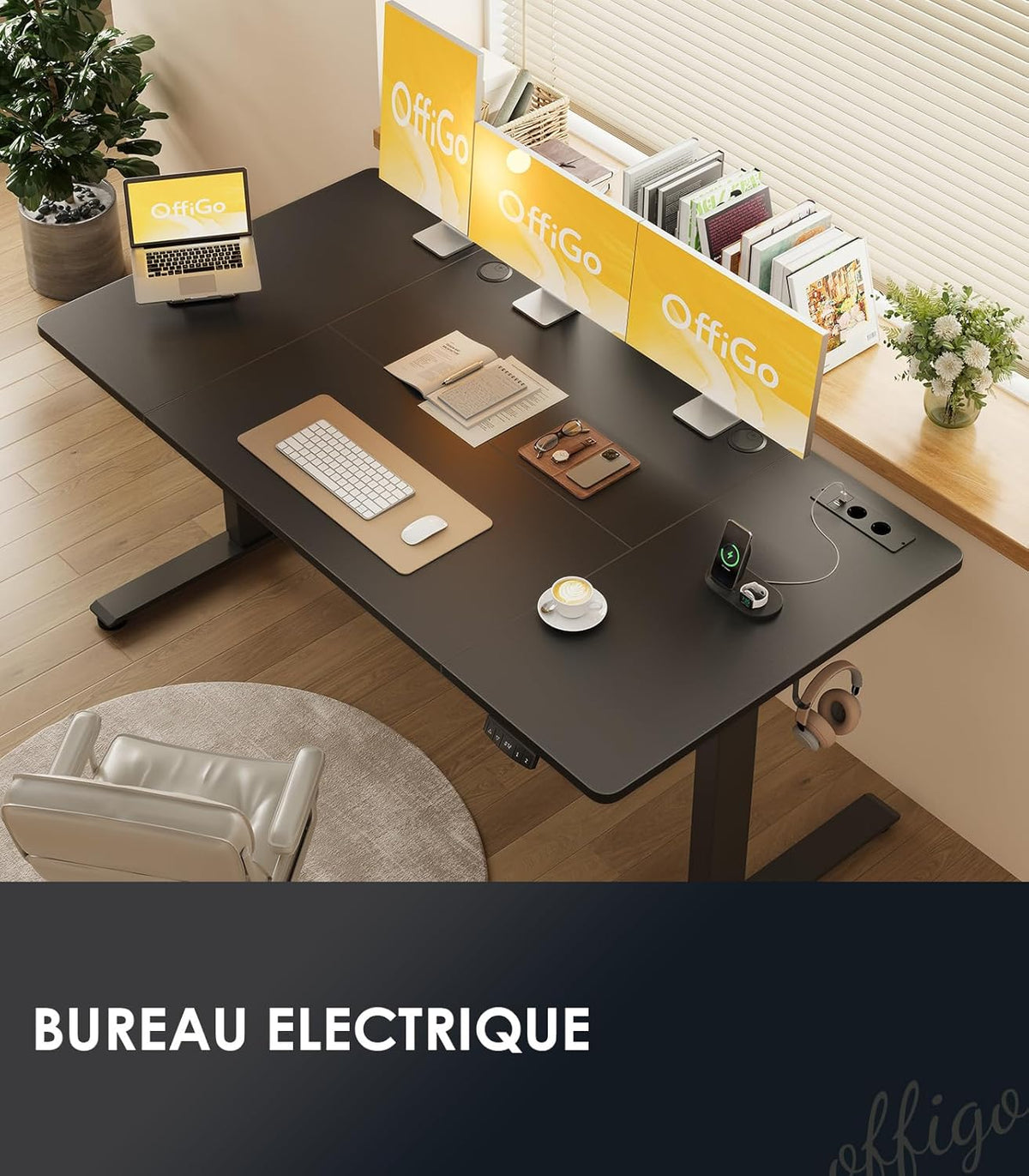 OffiGo Bureau Assis-Debout, 180 cm Elektrisch Bureau met Stopcontacten en USB, Standing Desk met 2 Geheugenstanden, Elektrische Tafel voor Thuis, Zwart