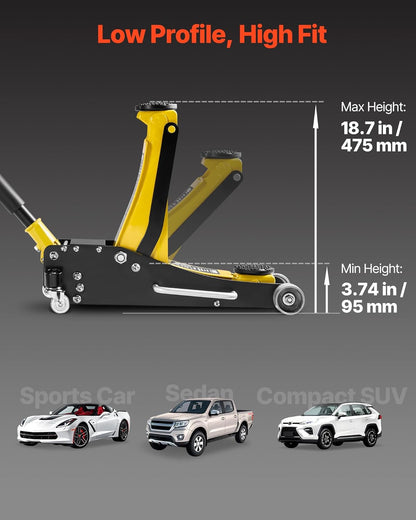 VEVOR Low Profile Trolley Jack with 360° Wheels, 2.5 T, Quick Piston Pump, 95-475 mm Lift Height, Hydraulic Jack for Compact SUVs, Yellow + Black