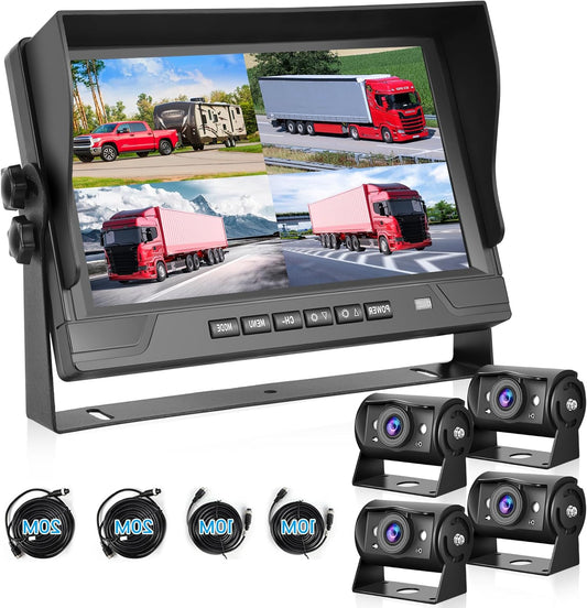 1080P Rear View Camera with 4 Shared 9 Inch Monitor, Supports 4 Cameras DVR/IP68 Waterproof/Night Vision for Truck, RV, Caravan, with 2 x 10 Meters and 2 x 20 m Cables - QUORE