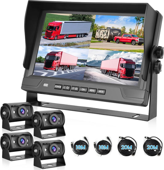 1080p achteruitrijcamera met 4 gedeelde 9 inch monitor, ondersteunt 4 camera's DVR/IP68 waterdicht/nachtzicht voor vrachtwagen, camper, caravan, met 2 x 10 m en 2 x 20 m kabels