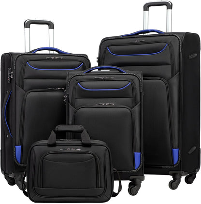 COOLIFE Trolley Koffer Met 4 Wielen Stoffen Handbagage TSA-slot, Set Met Grote Schoudertas, Zwart+Blauw, 4-delig, Nice