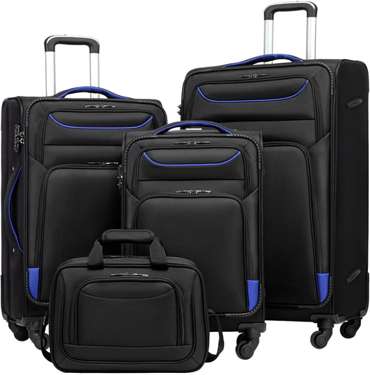 COOLIFE Trolley Koffer Met 4 Wielen Stoffen Handbagage TSA-slot, Set Met Grote Schoudertas, Zwart+Blauw, 4-delig, Nice