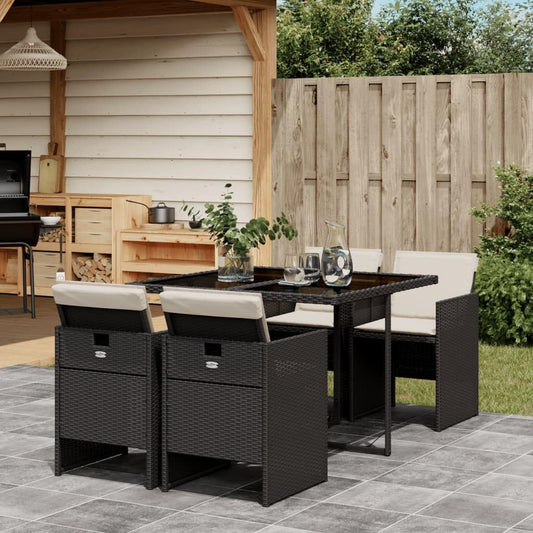 Gecheer Set of 5 Garden Dining Group, 4 People, Rattan Garden Furniture Set, Garden Lounge, 4 Chairs with Table, Balcony Furniture, Patio Furniture Set, Garden Furniture, Cushion, Black - QUORE