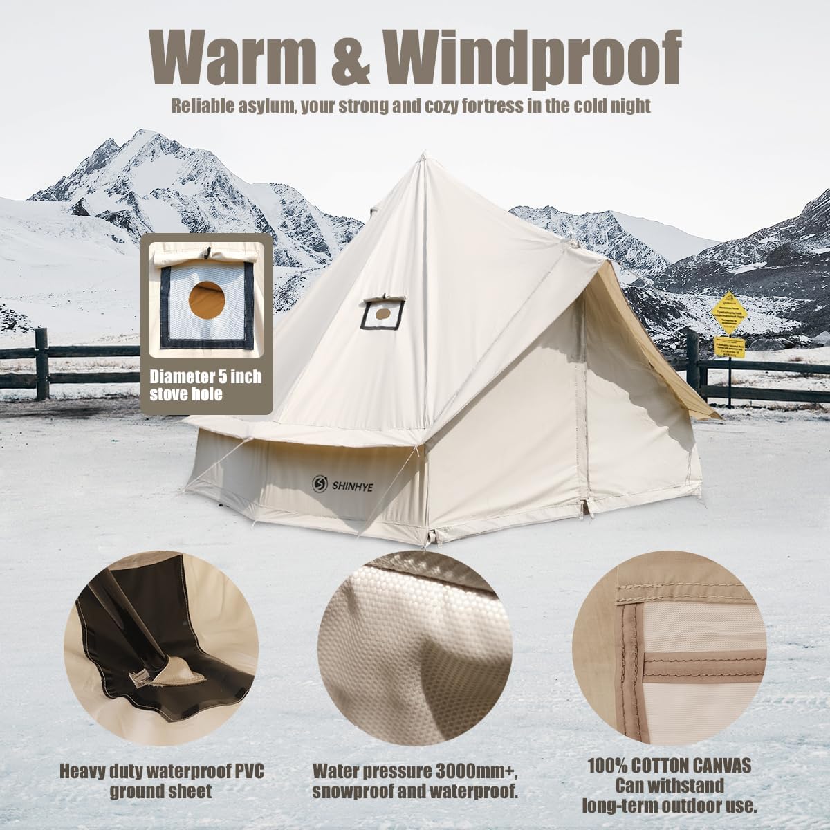 ShinHye Glockentent 3 m/4 m/5 m, glamping tent voor 3-8 personen, waterdicht, yurtentent voor outdoor, camping, familietent, zeildoektent met kookplaatbussen