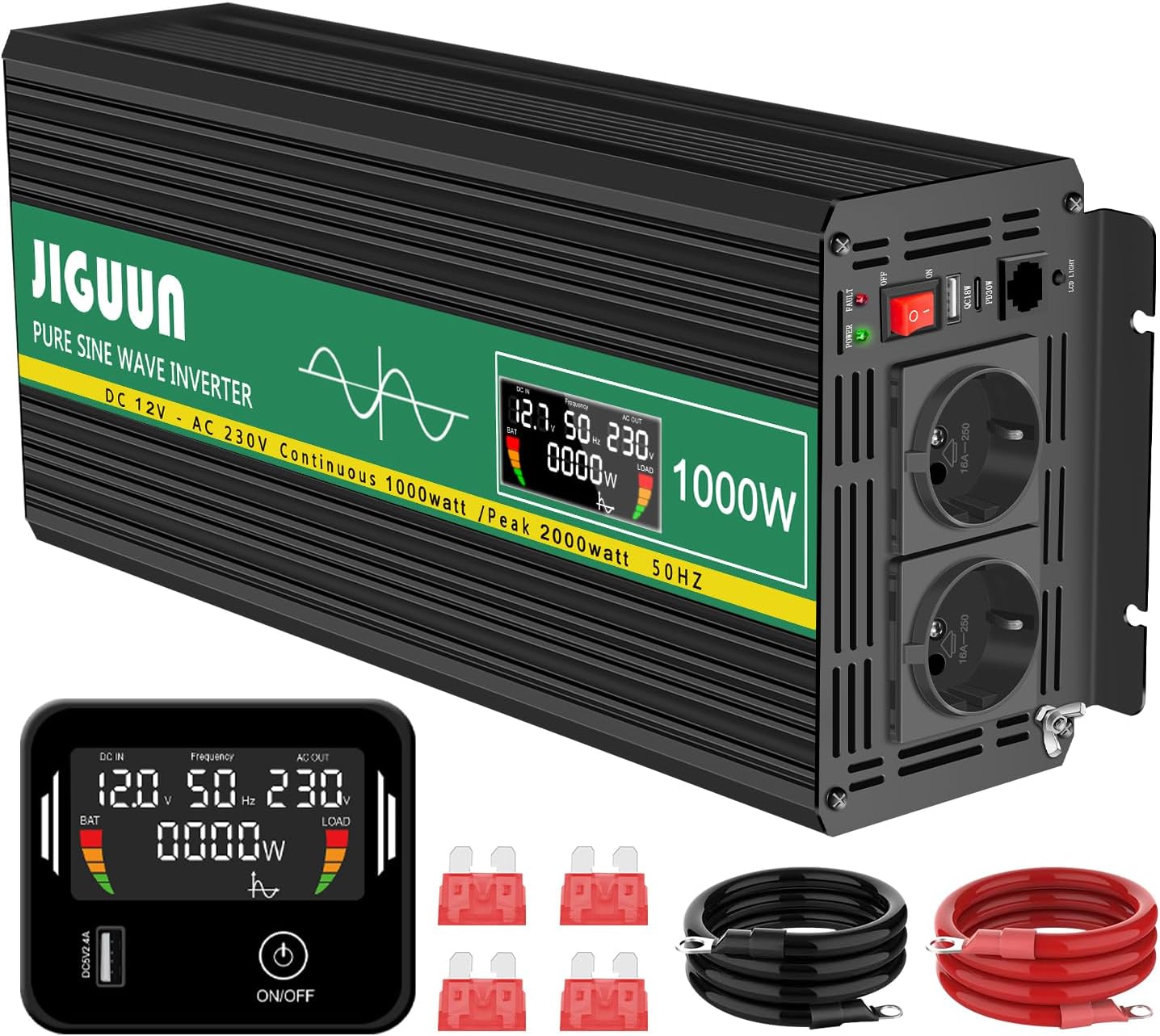 1000W Zuivere Sinus Omvormer – Stroomomzetter – Spanningsomvormer – 12V Naar 230V – Power Inverter – LCD Display – Afstandsbediening – Meervoudige Beveiliging - QUORE